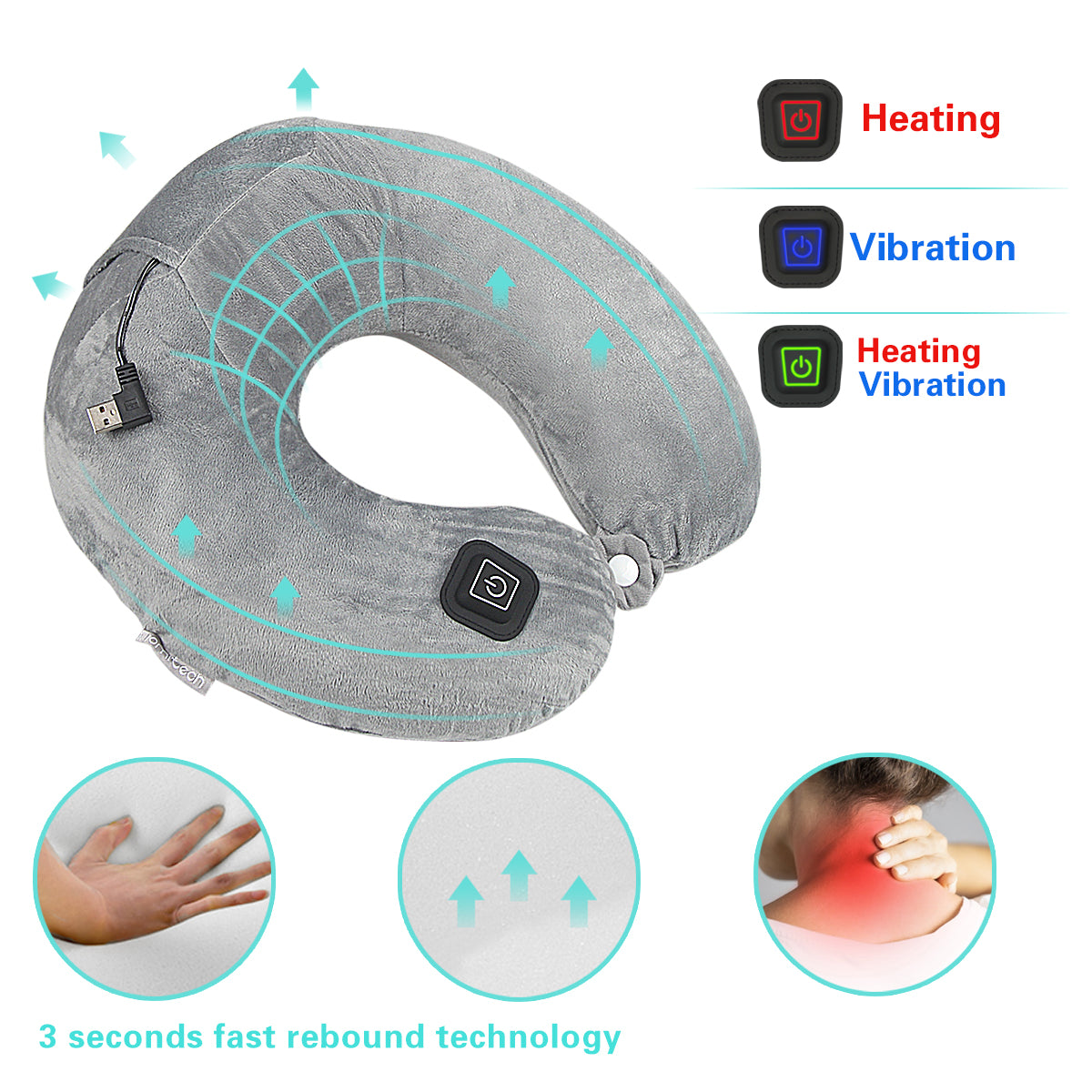 Lingouzi Neck Massager Travel Pillow Memory Foam Pillows, Vibration Neck Massage Pillow with Heat for Pain Relief,Head Support Cervical Pillow for